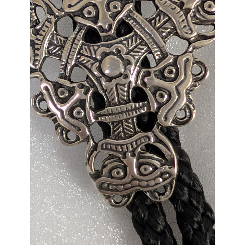 Signed Viking Norse 830 Silver Black Braided Leather Cord Bolo Tie‎ - Picture 2 of 11